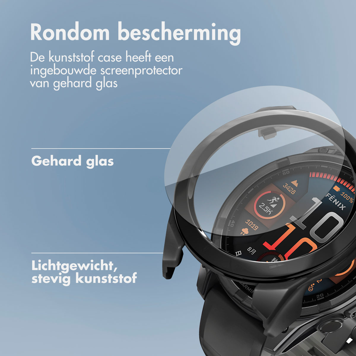 Horloge met beschermhoes. De hoes is zwart en bedekt de wijzerplaat.