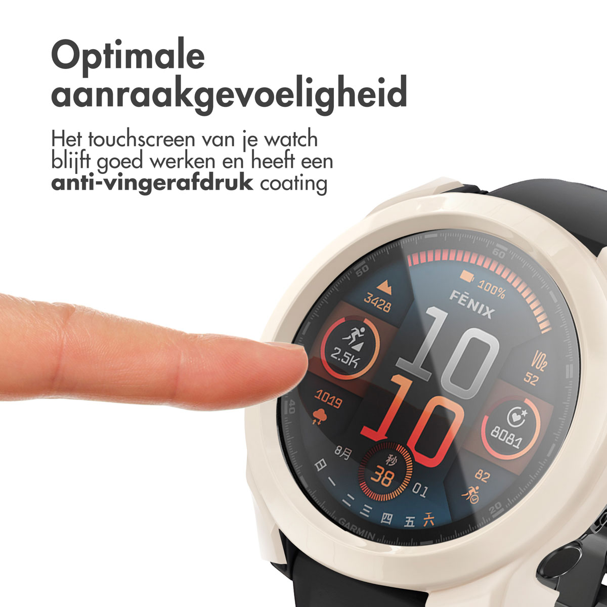 Een vinger raakt het scherm van het horloge aan. De wijzerplaat is zichtbaar met gegevens en cijfers.