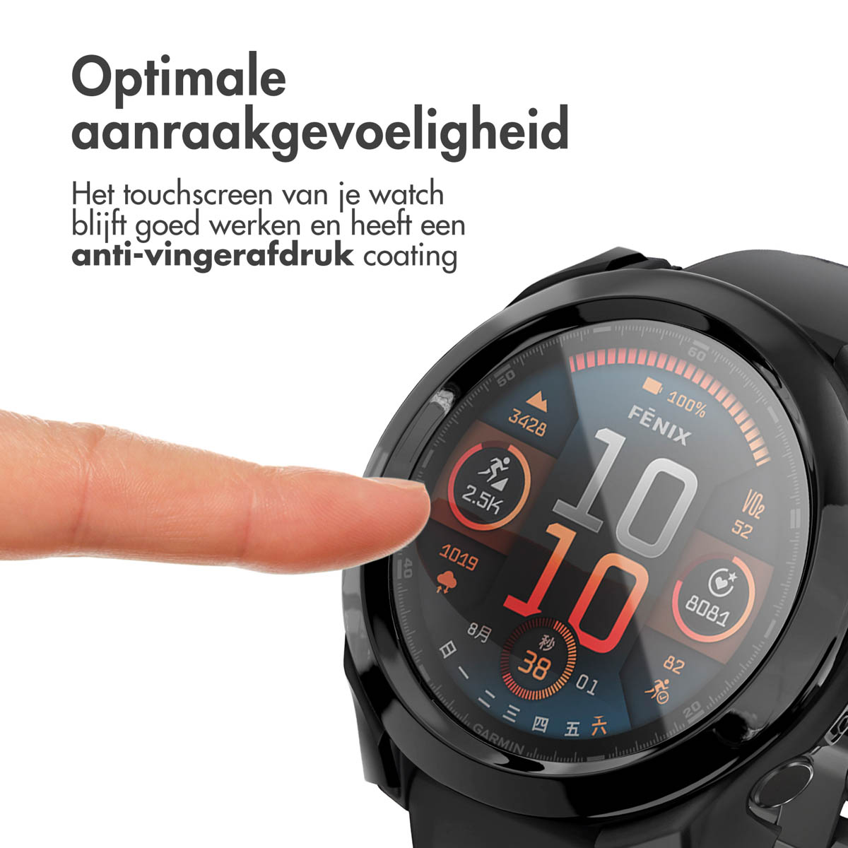 Vinger raakt een wijzerplaat aan. Zwart horloge met witte tekst met gegevens. Achtergrond is wazig.