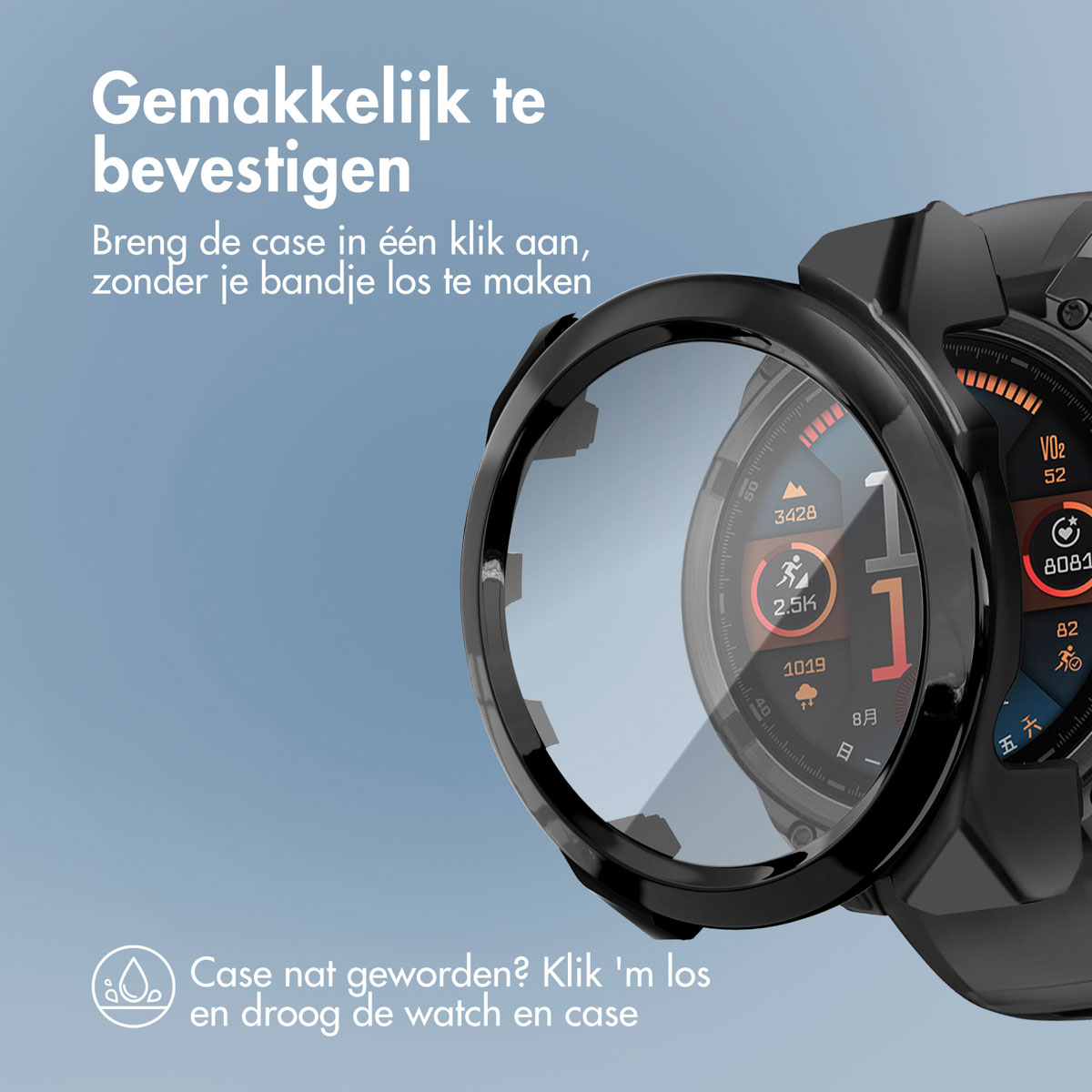 Horloge met beschermhoes. De hoes is zwart en bedekt de wijzerplaat.