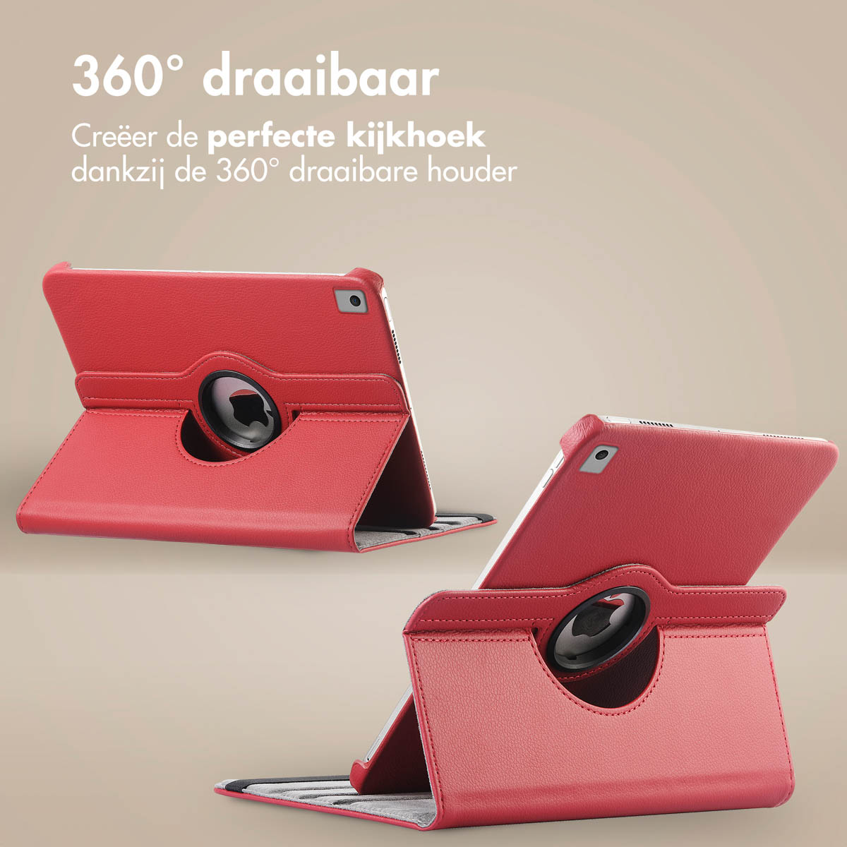 Two red tablet cases with rotating stands, showing different angles.