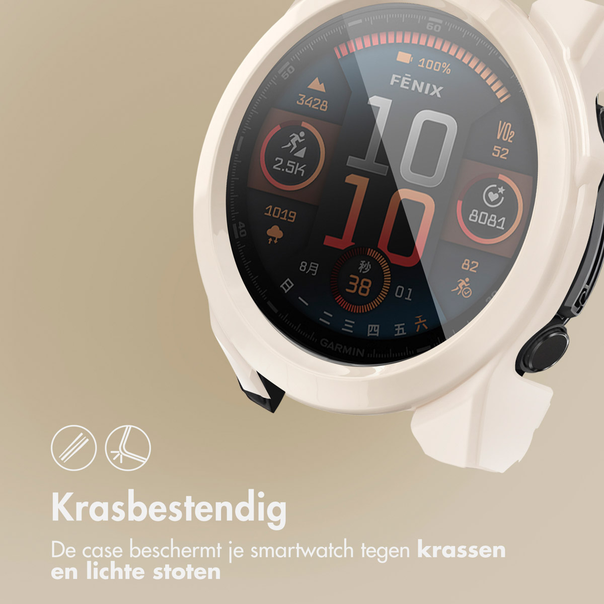 Witte horlogebeschermer op een zwart horloge. Tekst in het Nederlands. Wijzerplaat met gegevens. Beige achtergrond.