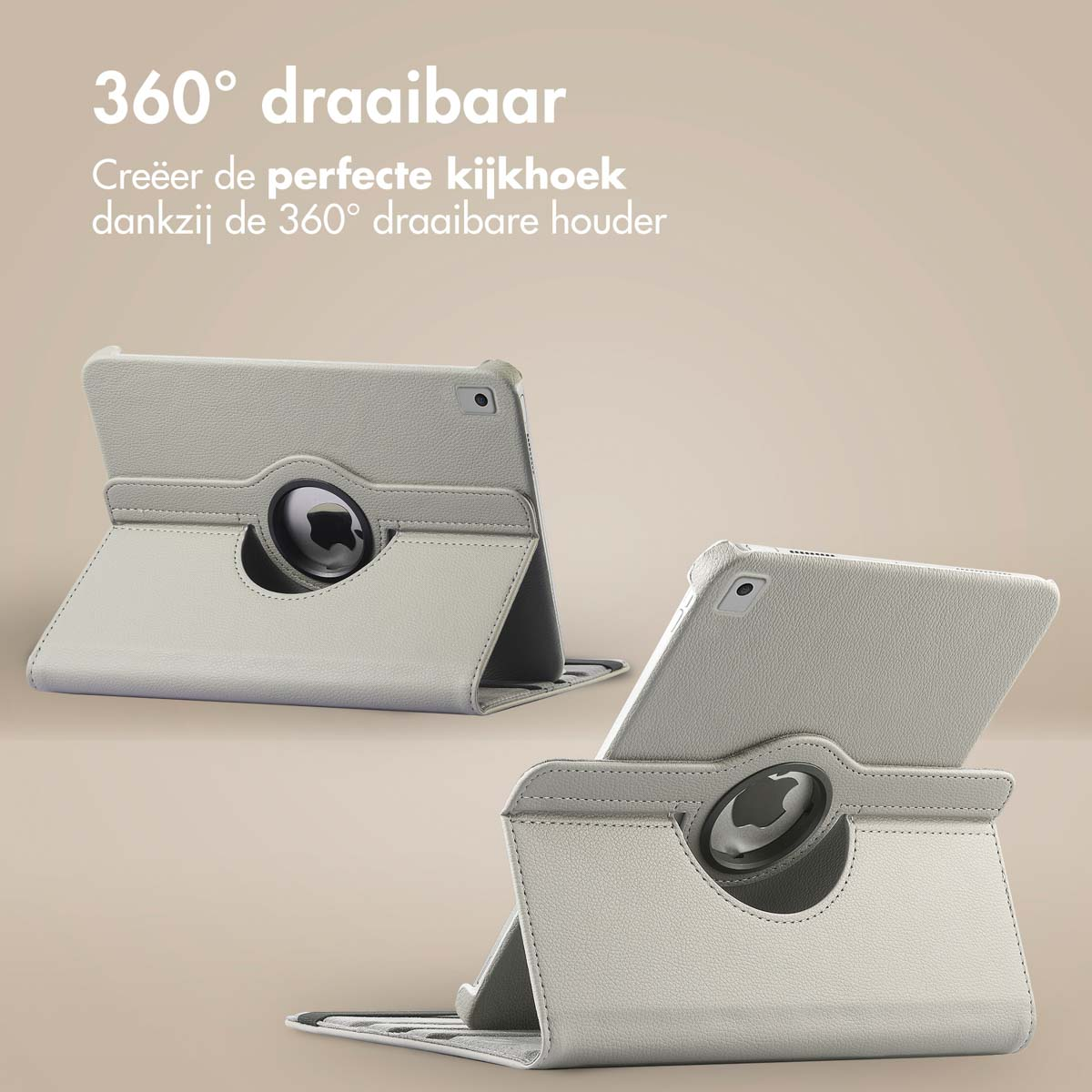 Tablet cover in grey, open to show the tablet. Grey background. Text in Dutch. Rotate feature.