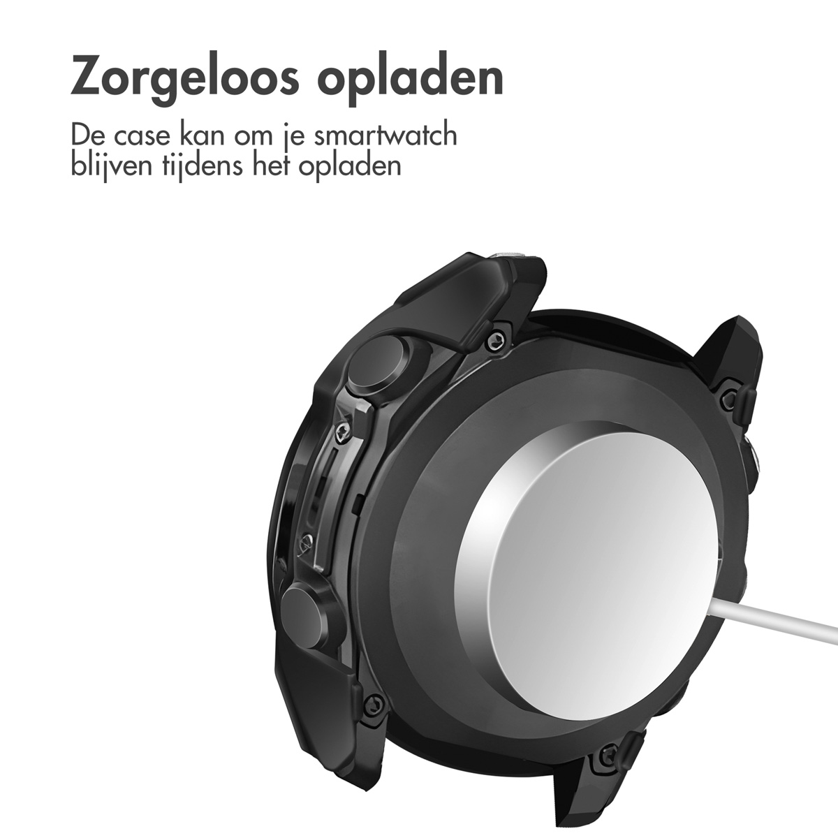 Zwarte horlogekast met wit oplaadpad. Witte kabel. Tekst in het Nederlands. Oplaadfunctie.