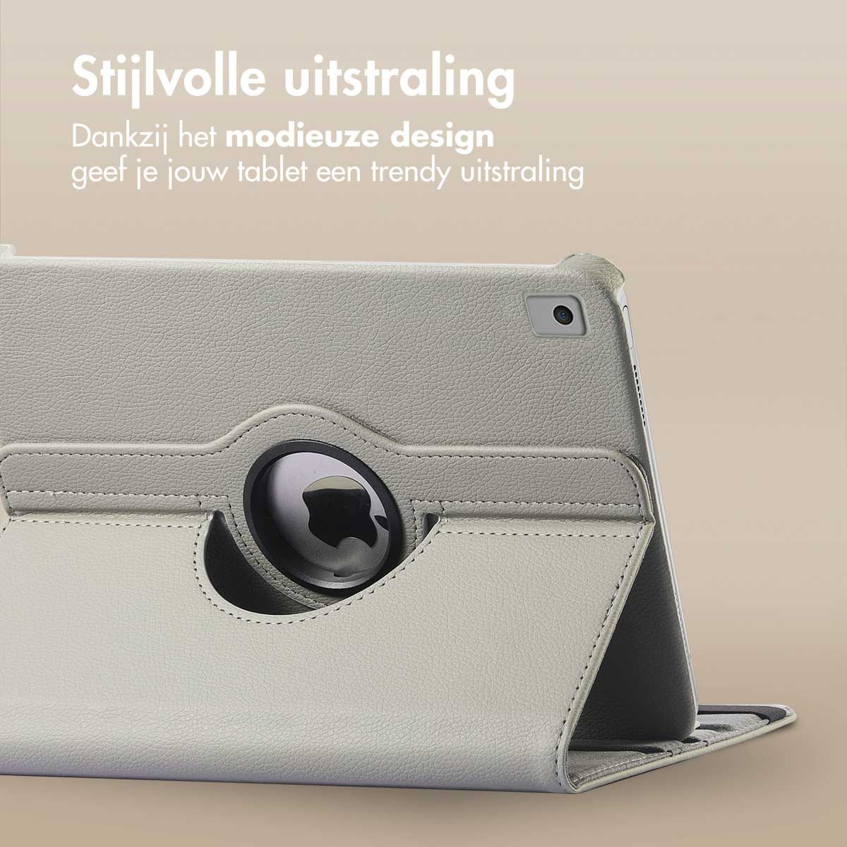 Tablet cover in grey, closed. Text in Dutch. The cover has a rotating Apple logo area.