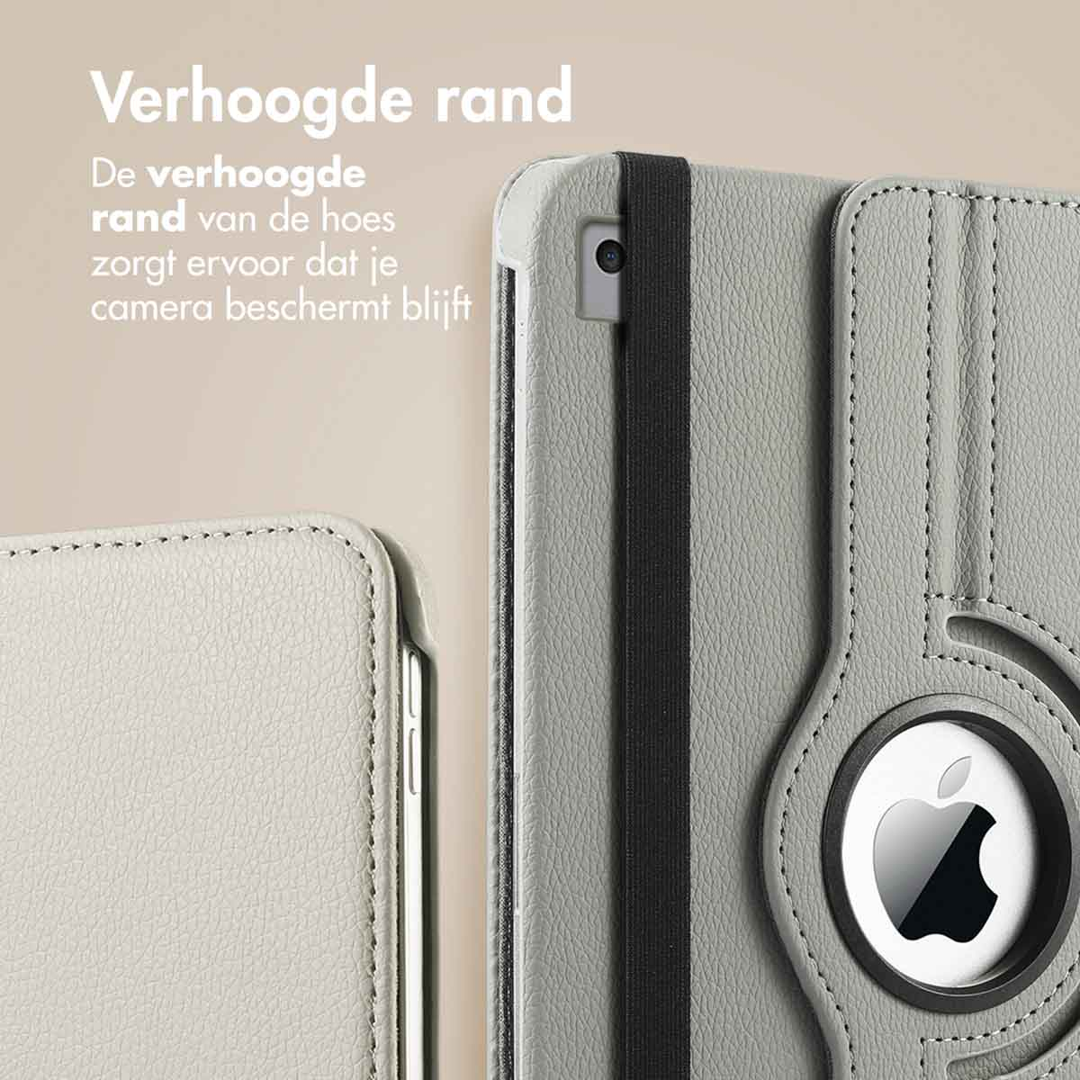 Gray tablet case. Close-up shows the edge, black band, and Apple logo cutout.