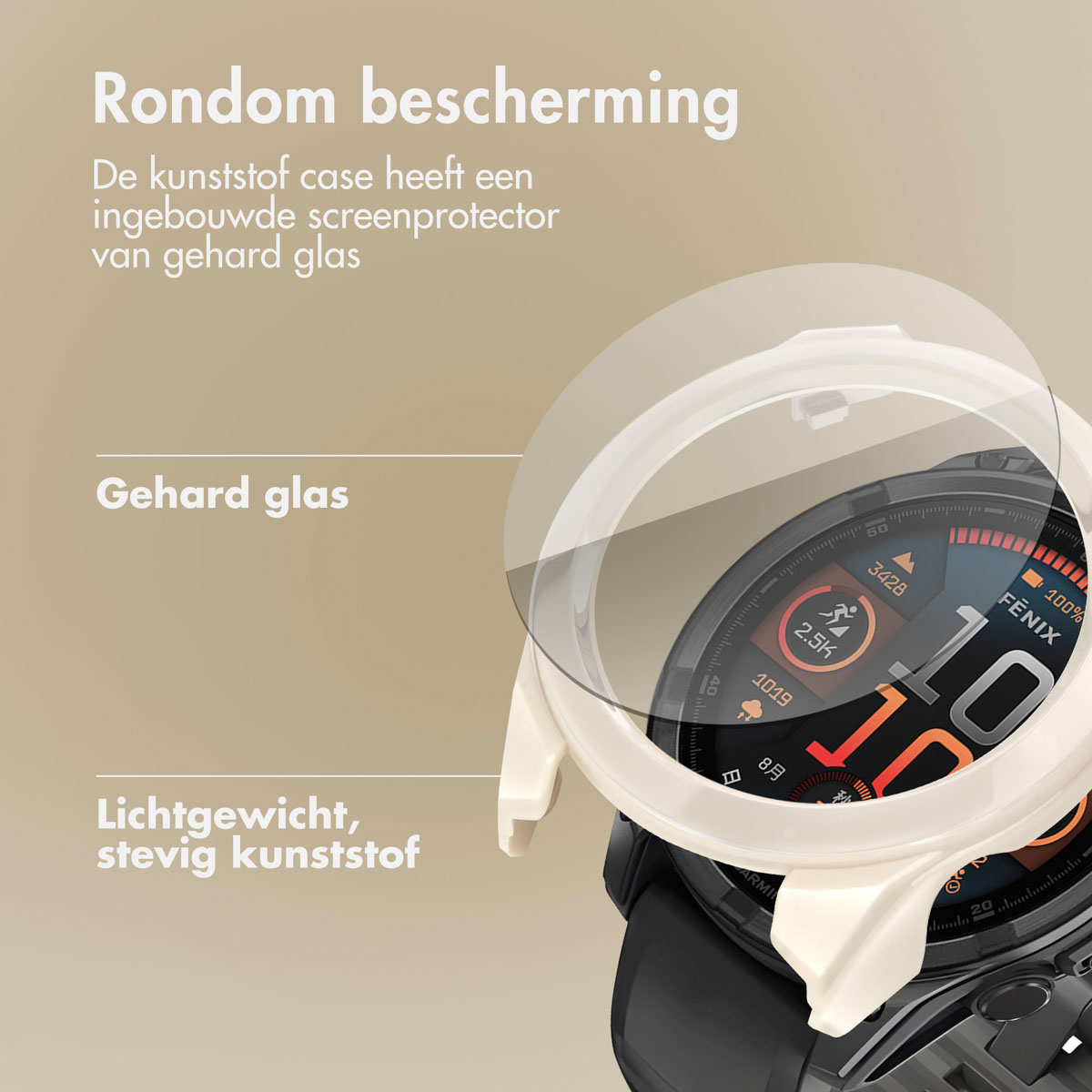 Smartwatch met witte beschermhoes. Case heeft een heldere schermbeschermer en is open.