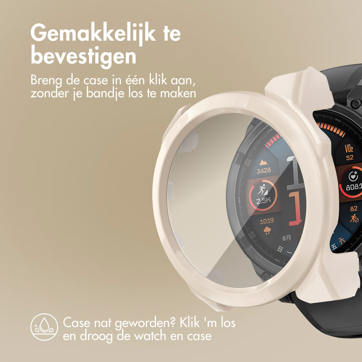 Witte beschermhoes wordt aangebracht op een zwarte smartwatch. Display toont gegevens.