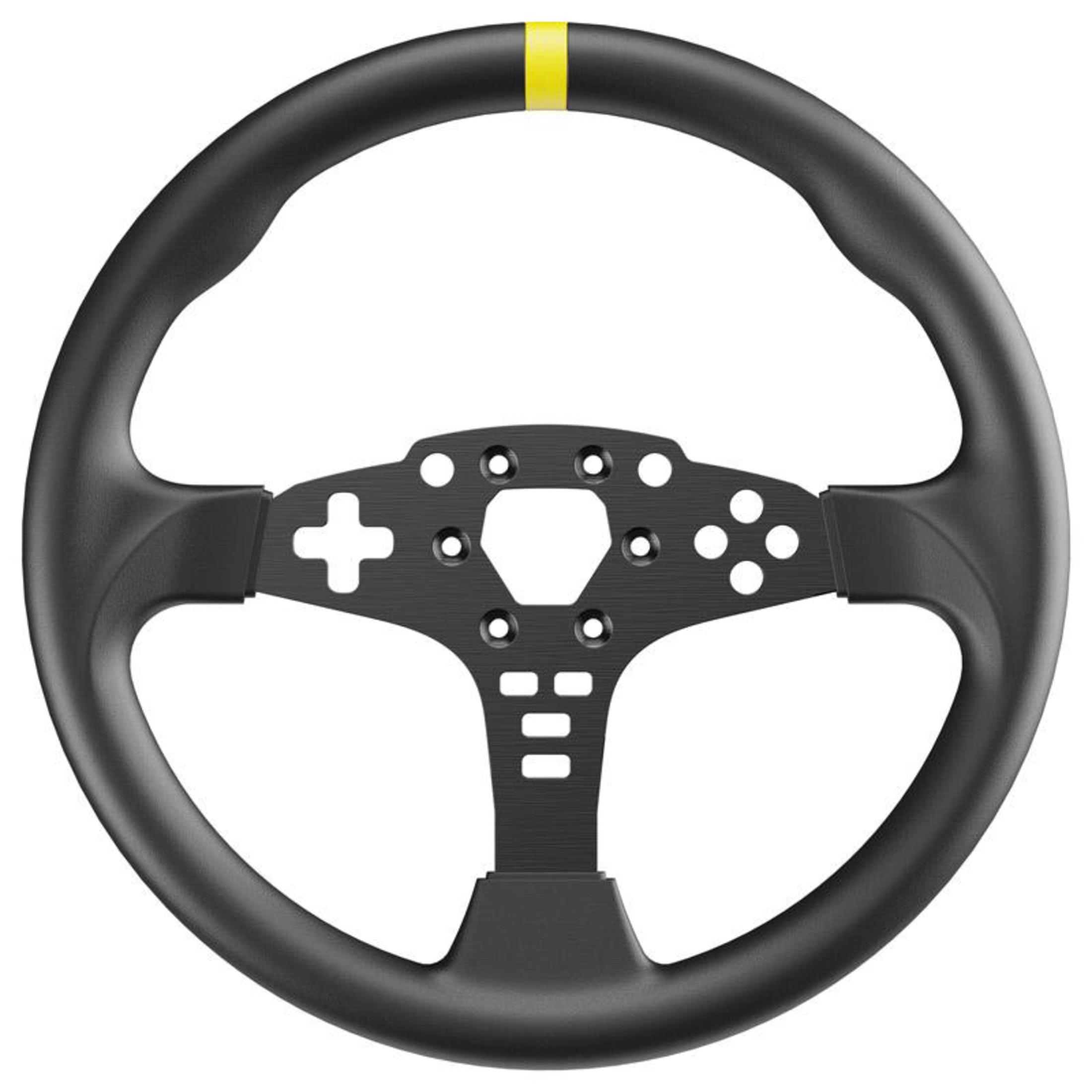 Volant noir avec une bande jaune en haut et plusieurs boutons, sur fond blanc.