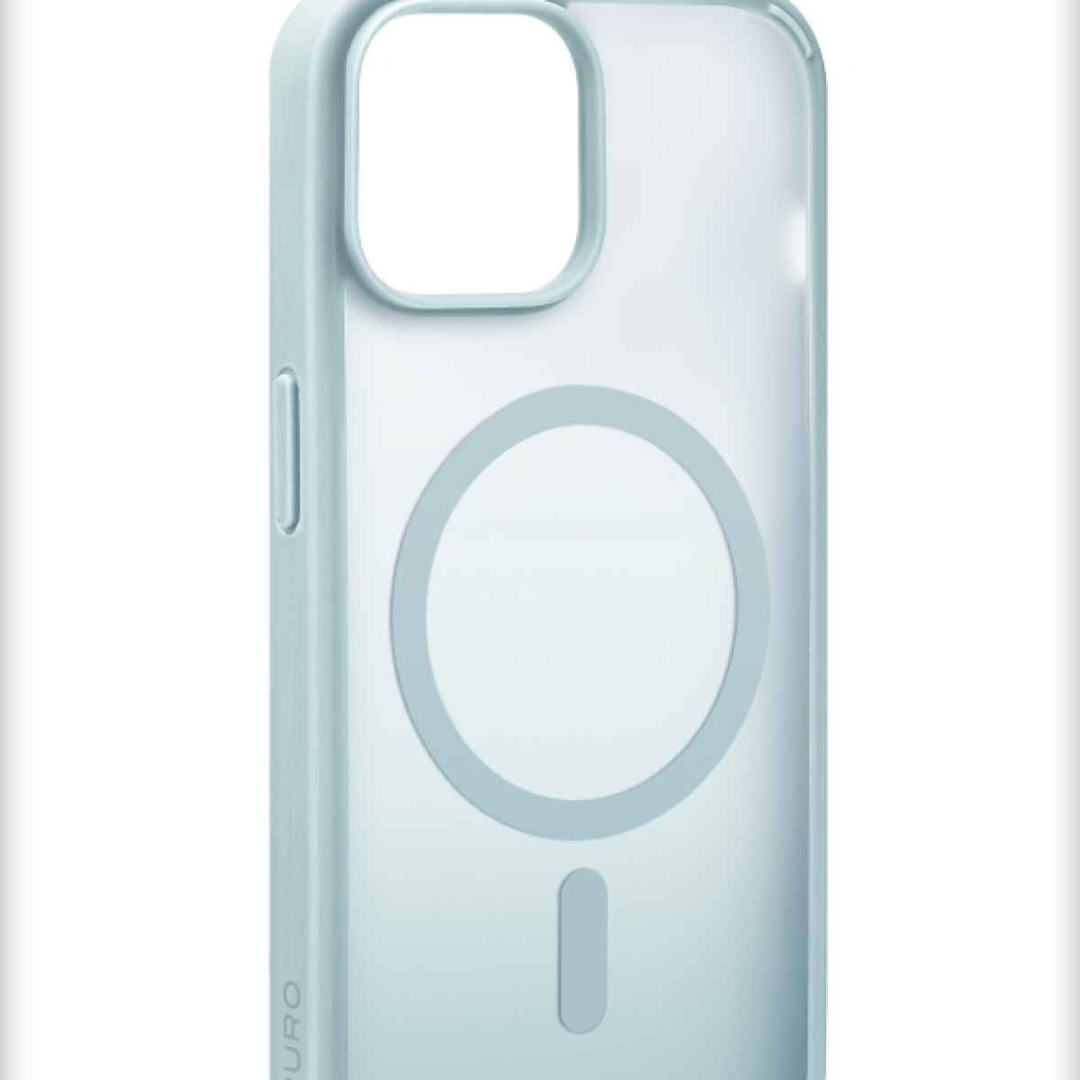 Una custodia trasparente per telefono con cornice azzurra. Ha un ritaglio per la fotocamera, un anello e una barra verticale per il design e il marchio PUR.O.