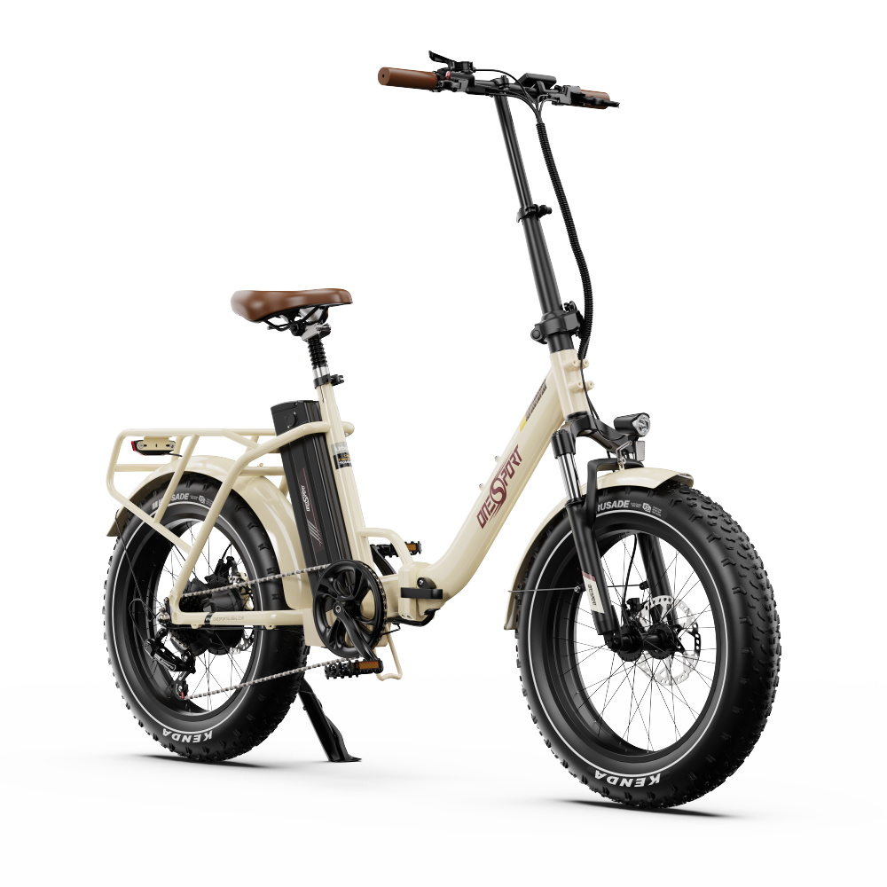 Bicicletta elettrica color crema, vista frontale, pneumatici neri. Sfondo bianco.