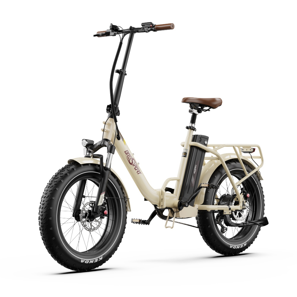 Bicicletta elettrica crema, vista frontale, pneumatici e manubrio neri. Sfondo bianco.