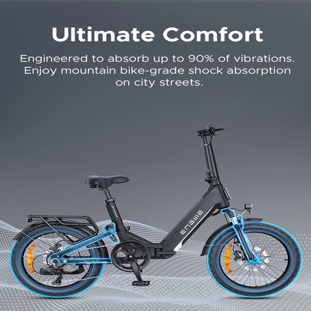 Bicicletta elettrica nera con accenti blu, di profilo. Viene mostrato l'assorbimento degli urti.