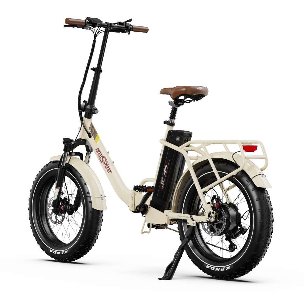 Bicicletta elettrica color crema, vista posteriore, pneumatici neri. Sfondo bianco.