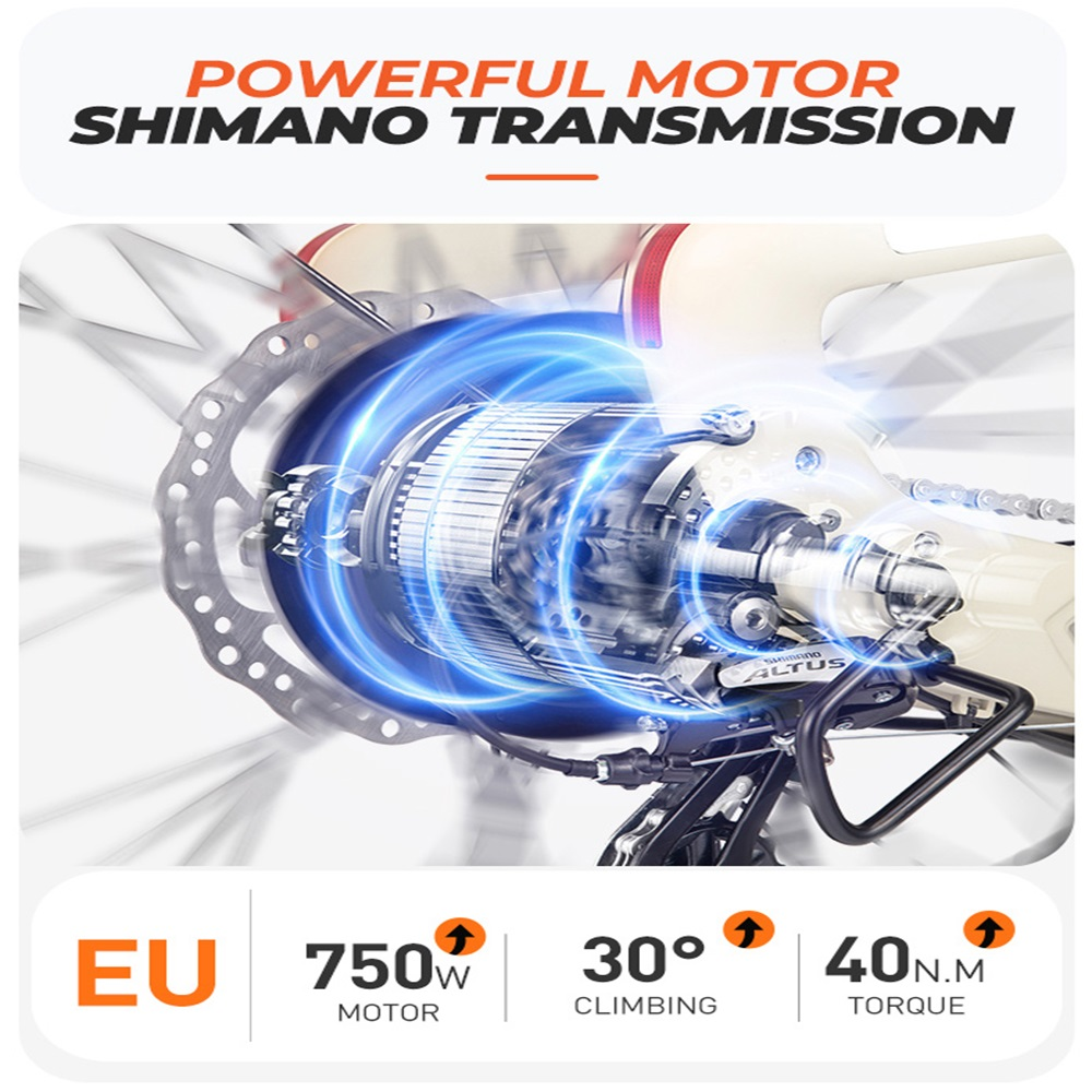 Detaillierte Ansicht des Motors und des Shimano-Getriebesystems eines E-Bikes, mit Spezifikationen.