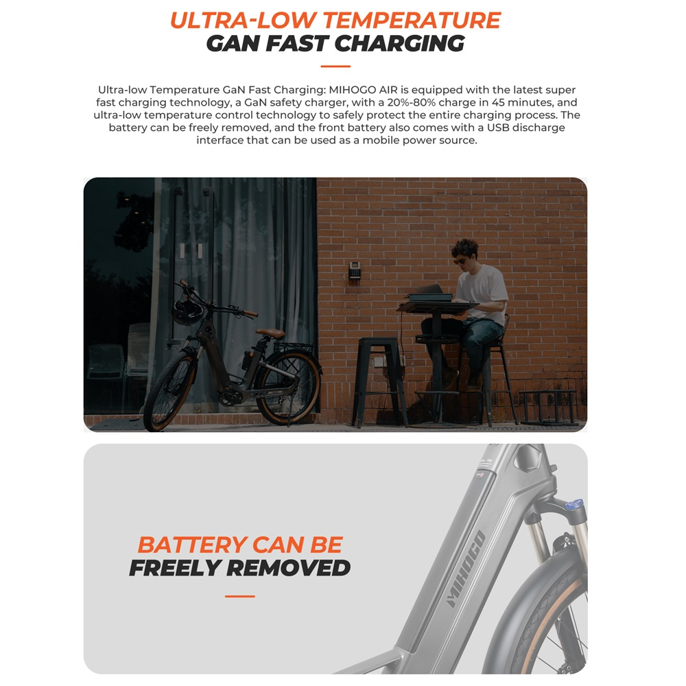 Ein E-Bike mit einer Person, die an einem Tisch sitzt und lädt. Hintergrund: eine Ziegelmauer.