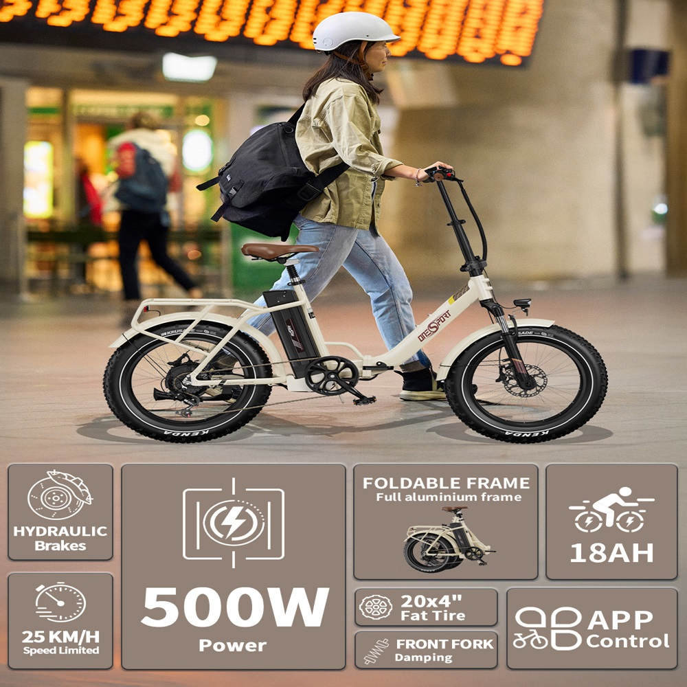 Una e-bike con una persona che la guida, con icone che mostrano caratteristiche come freni idraulici e telaio pieghevole.