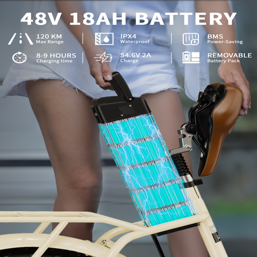 Le mani di una persona che tiene una batteria rimovibile per bici elettrica. La batteria è blu, con un sedile marrone sopra.