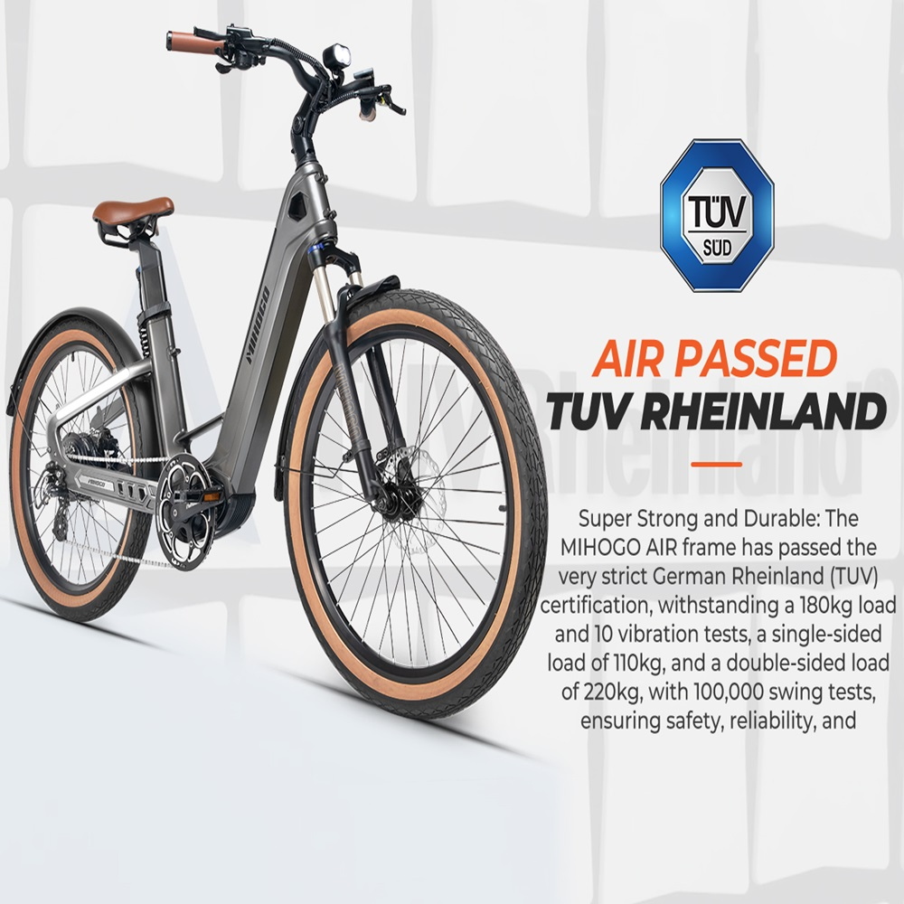 Ein E-Bike mit braunem Sitz und Text, der darauf hinweist, dass es die TÜV Rheinland-Zertifizierung bestanden hat.