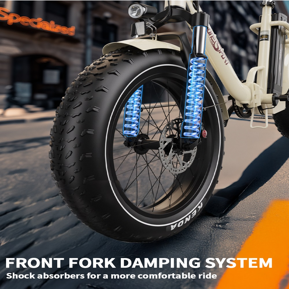 Primo piano della ruota anteriore di una e-bike, che evidenzia il sistema di ammortizzazione della forcella anteriore.
