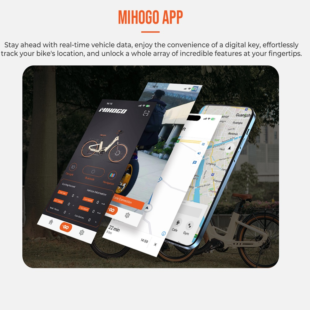 Mehrere Telefonbildschirme, die eine E-Bike-App zeigen. Ein Bildschirm zeigt eine Karte, ein anderer Bike-Infos.