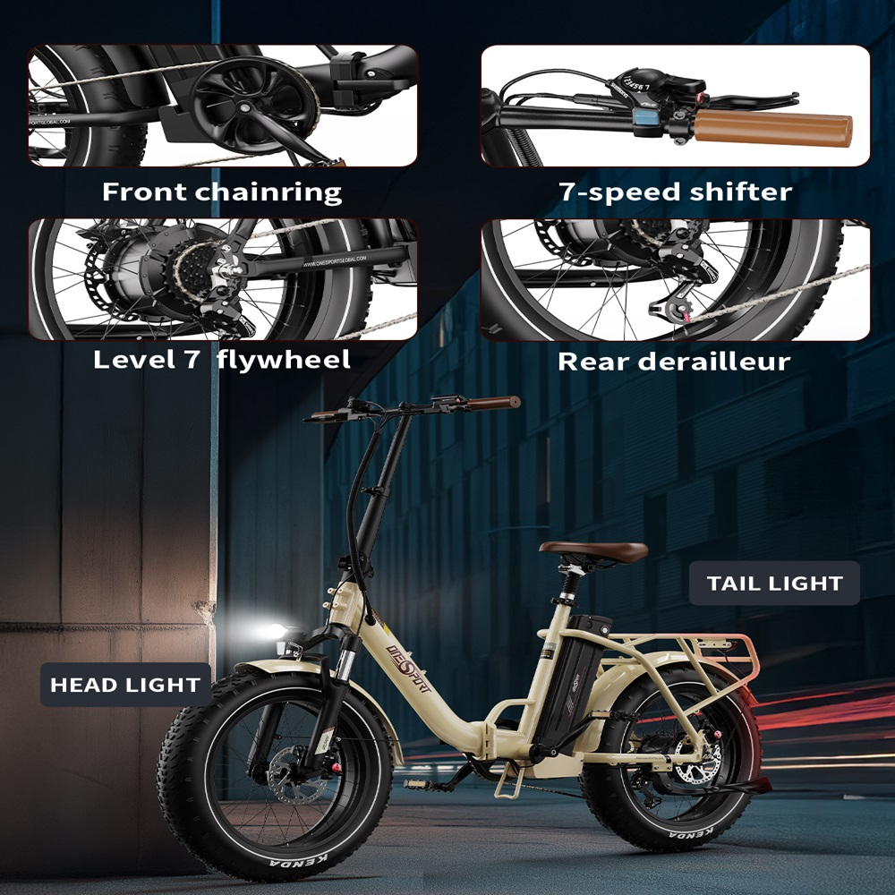 Una e-bike è mostrata con quattro immagini più piccole che evidenziano le caratteristiche e i componenti della bici.