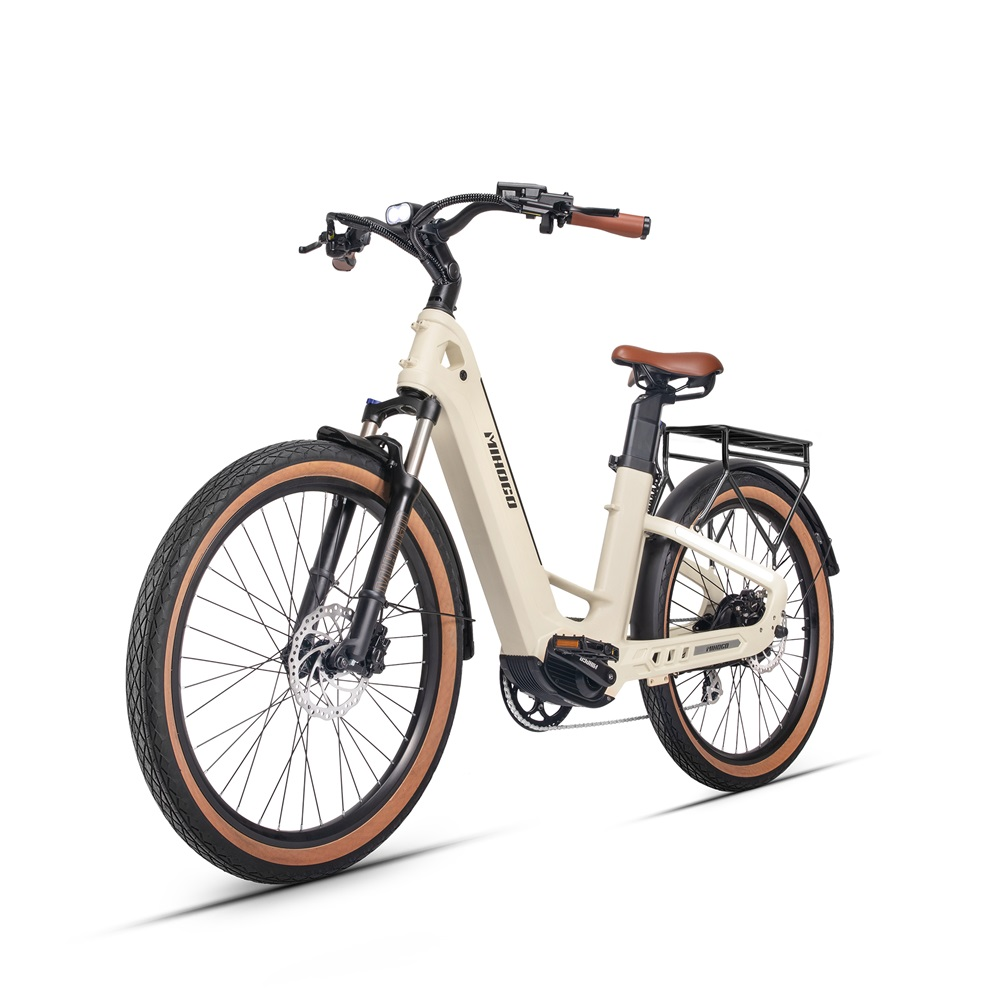 Ein E-Bike auf weißem Hintergrund, das sein Design und seine Komponenten von der Seite zeigt.