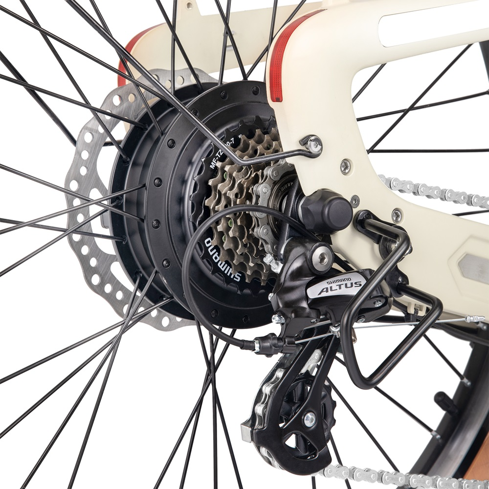 Primo piano della ruota posteriore di una bici elettrica. Mostra ingranaggi, freno a disco e il deragliatore Shimano Altus.