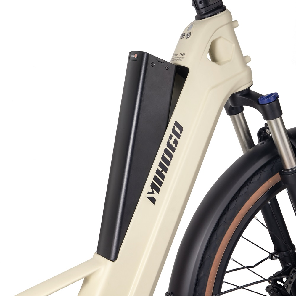 Primo piano di un telaio di bici elettrica color crema con batteria nera e il marchio MIHOGO.