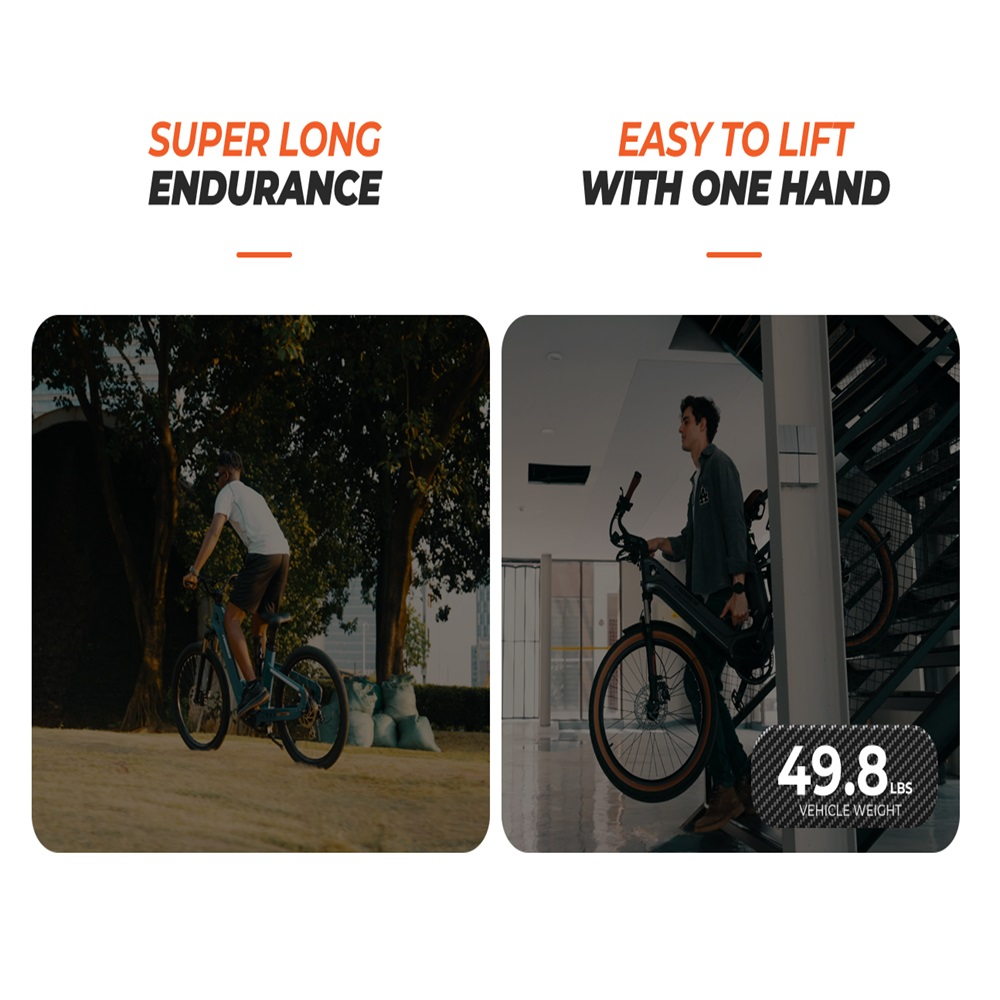 Zwei Bilder, die E-Bikes vergleichen. Eines zeigt eine Person beim Fahren, das andere einen Mann, der das Fahrrad hebt.