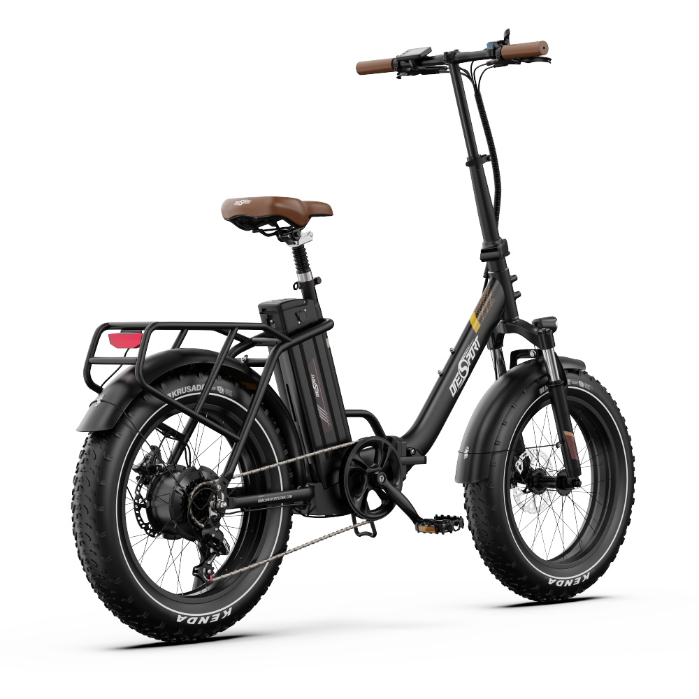 Una bici elettrica da dietro. Telaio nero, sella marrone, pneumatici larghi e portapacchi, isolata su sfondo bianco.