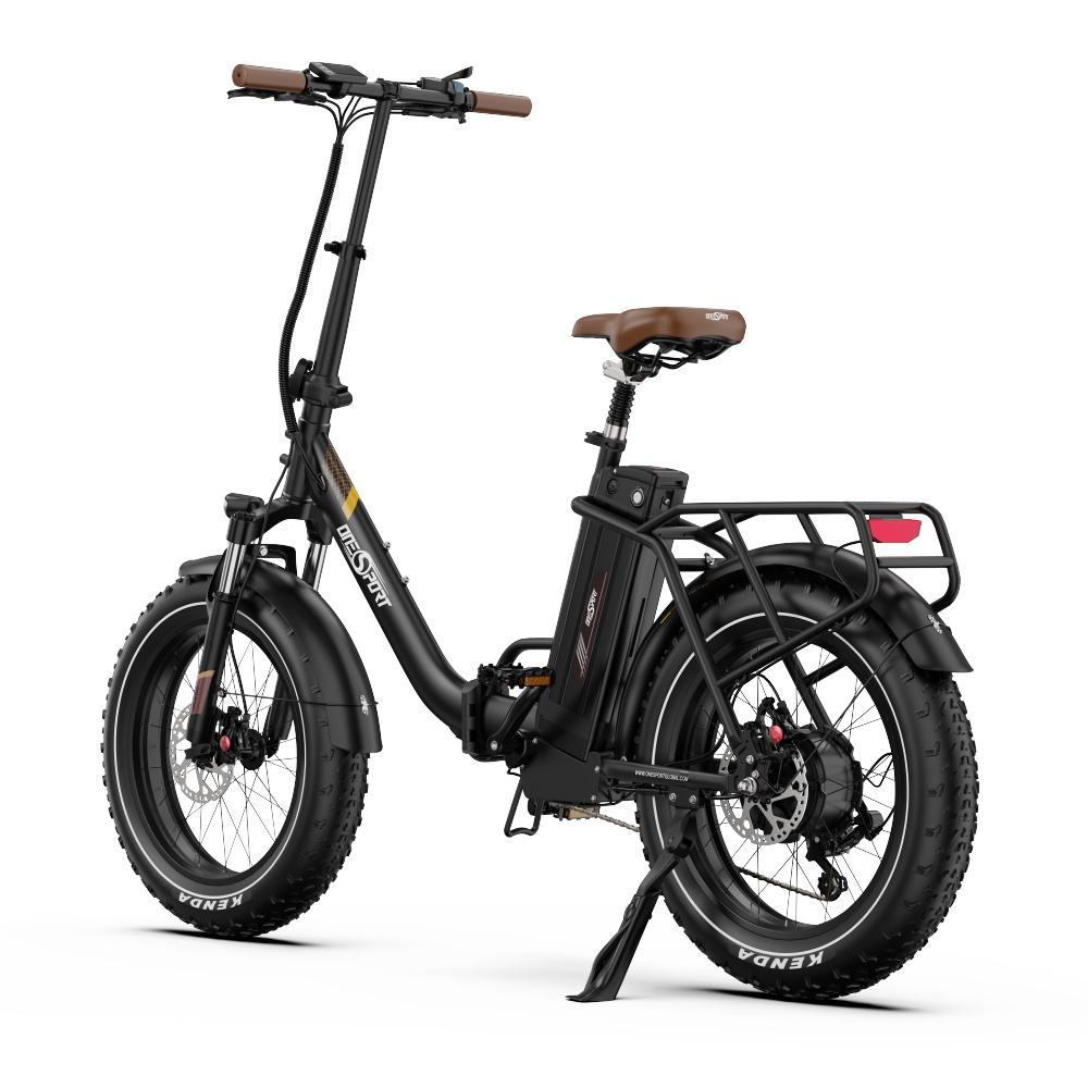 Una bici elettrica da dietro. Telaio nero, sella marrone, pneumatici larghi e portapacchi, isolata su sfondo bianco.