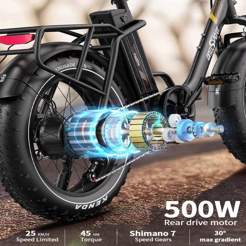 Componenti della bici elettrica: motore 500W, trazione posteriore, Shimano 7 velocità e specifiche di velocità/coppia.