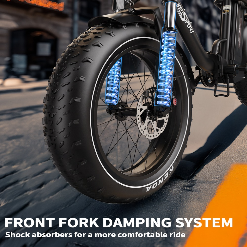 Forcella anteriore di una e-bike con pneumatici larghi. Mostra il sistema di ammortizzazione della forcella anteriore.