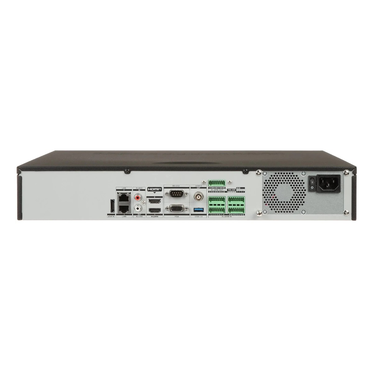 Rückansicht eines schwarzen Geräts mit mehreren Anschlüssen für HDMI, LAN, Audio und Strom. Enthält einen Lüfter und verschiedene Anschlüsse.