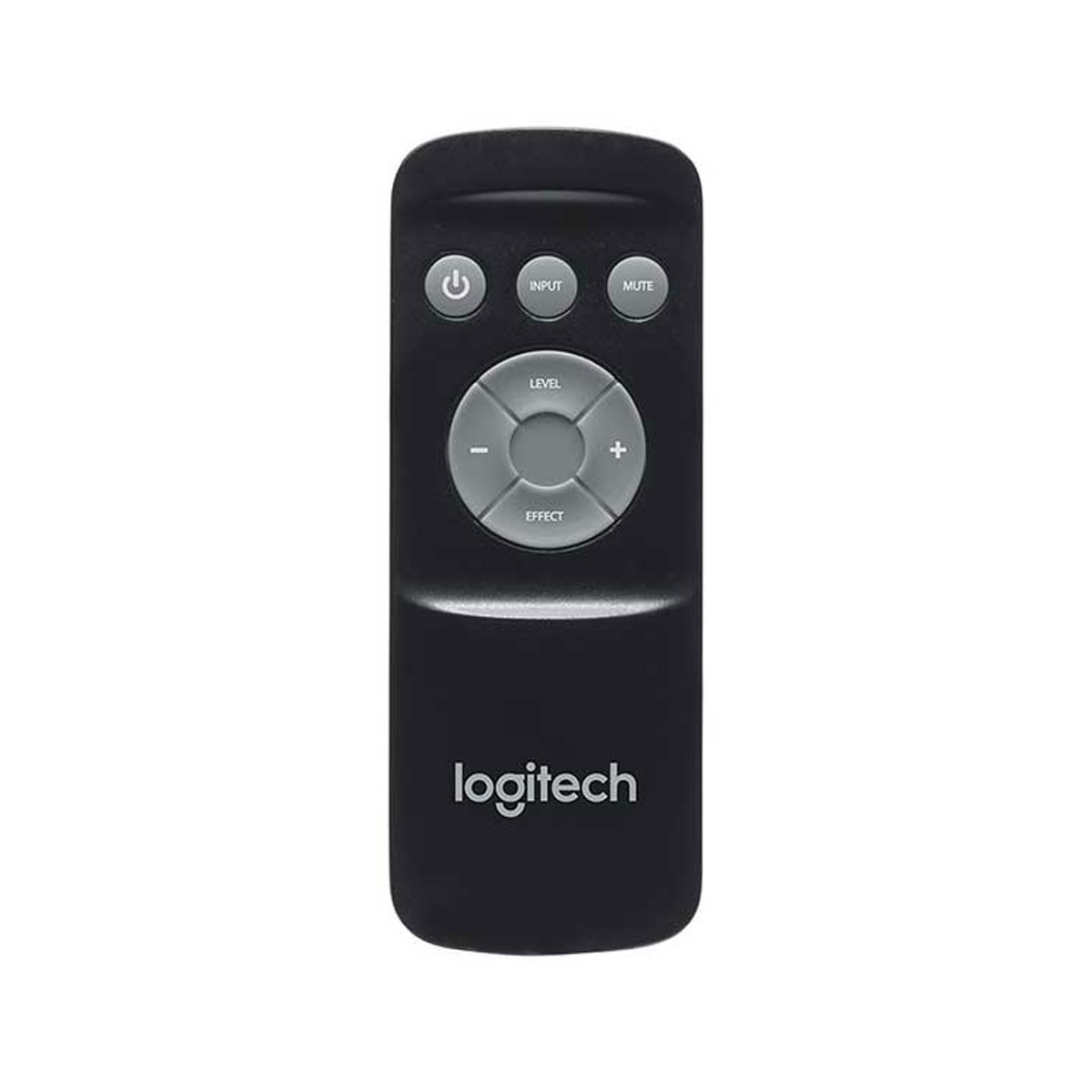 Télécommande Logitech noire. Boutons pour alimentation, entrée, muet, volume et effet, avec le logo Logitech en bas.