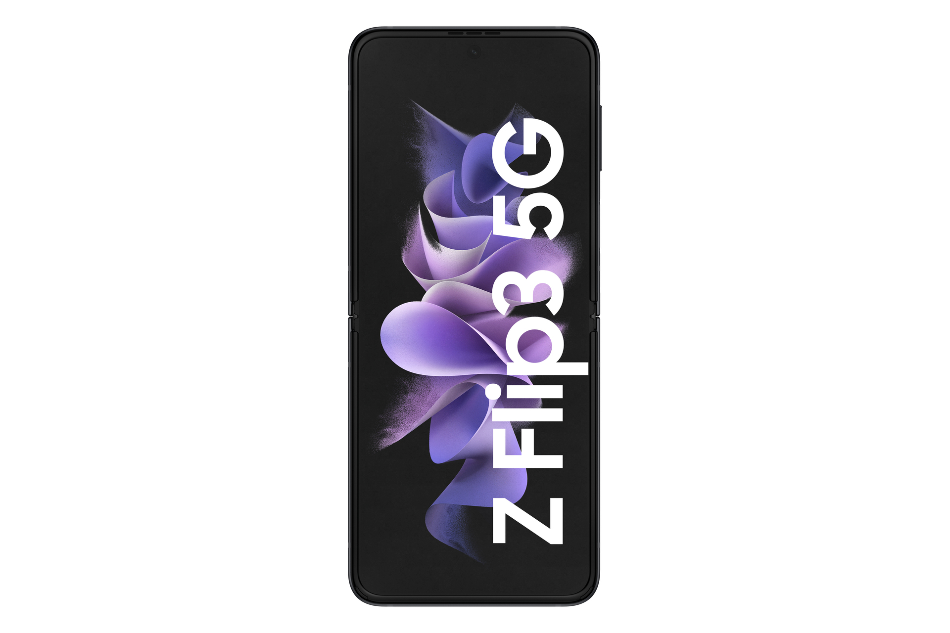 Ein schwarzes Samsung Z Flip3 5G-Handy ist geöffnet und zeigt ein lila-weißes Design.