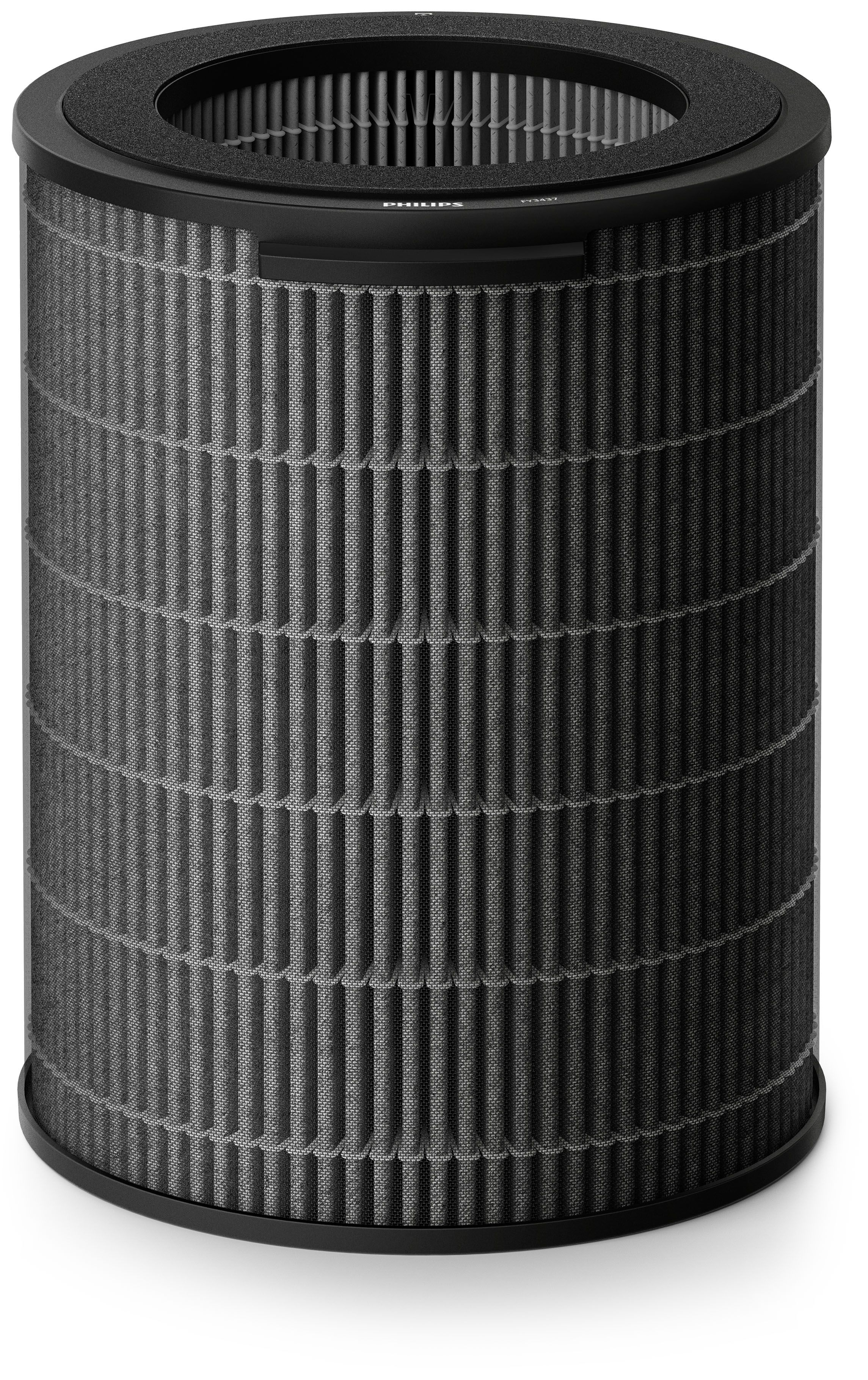 Zylindrischer Philips Luftfilter, grauer Stoff, schwarze Ober- und Unterseite, weißer Hintergrund.