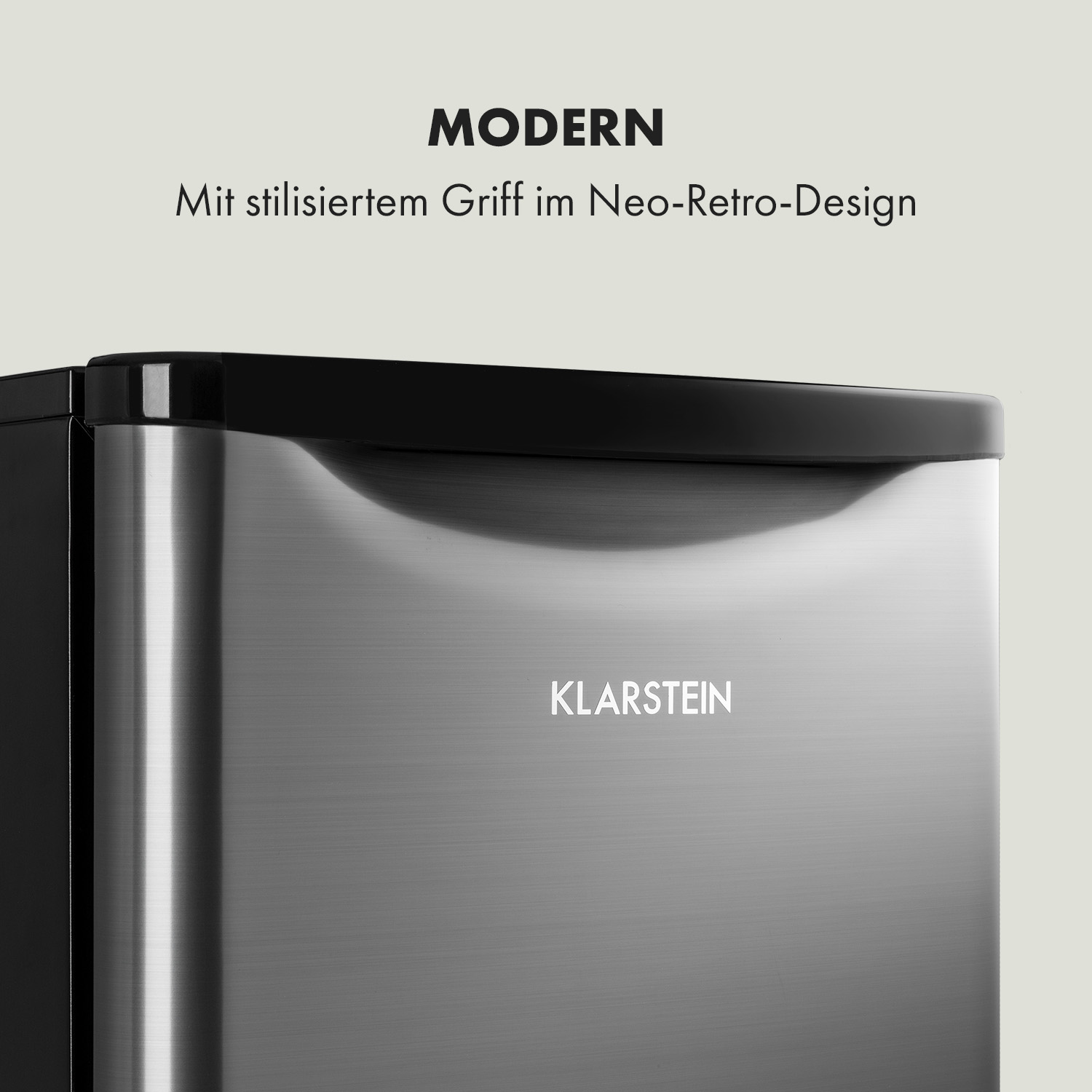 Edelstahlkühlschrank mit schwarzer Oberseite und Klarstein-Logo. Text: Modern.