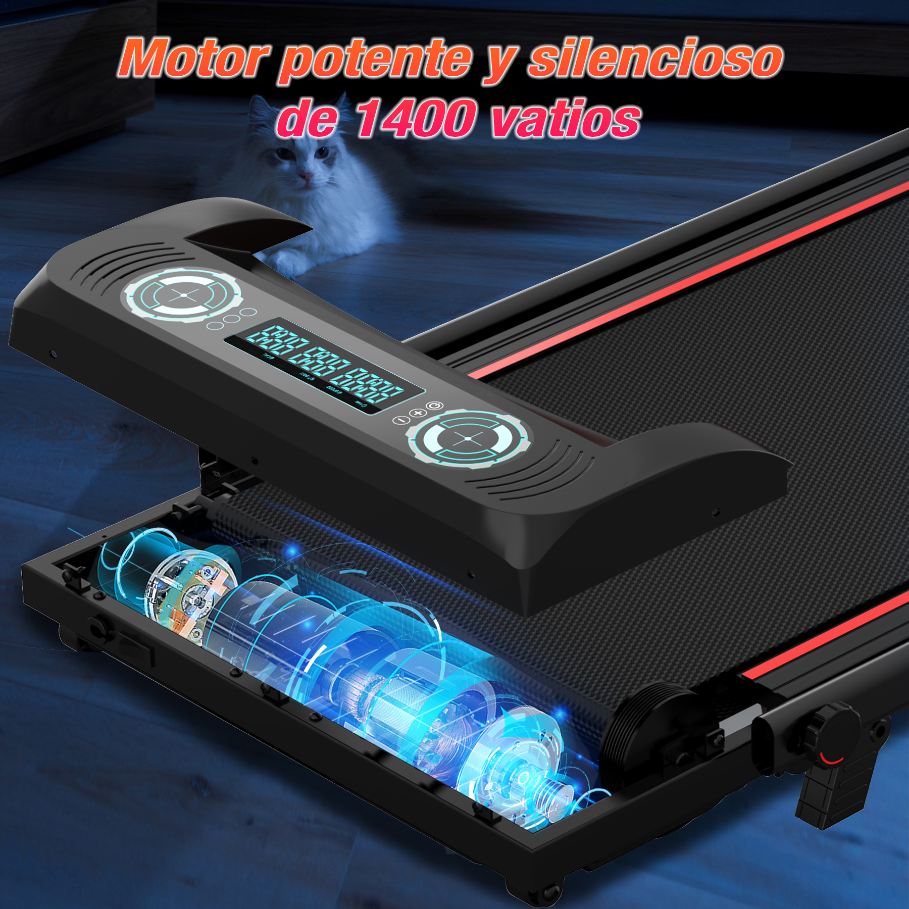 Cinta de correr negra con pantalla, abierta para mostrar el motor. Gato blanco al fondo. Texto: motor potente y silencioso de 1400 vatios.