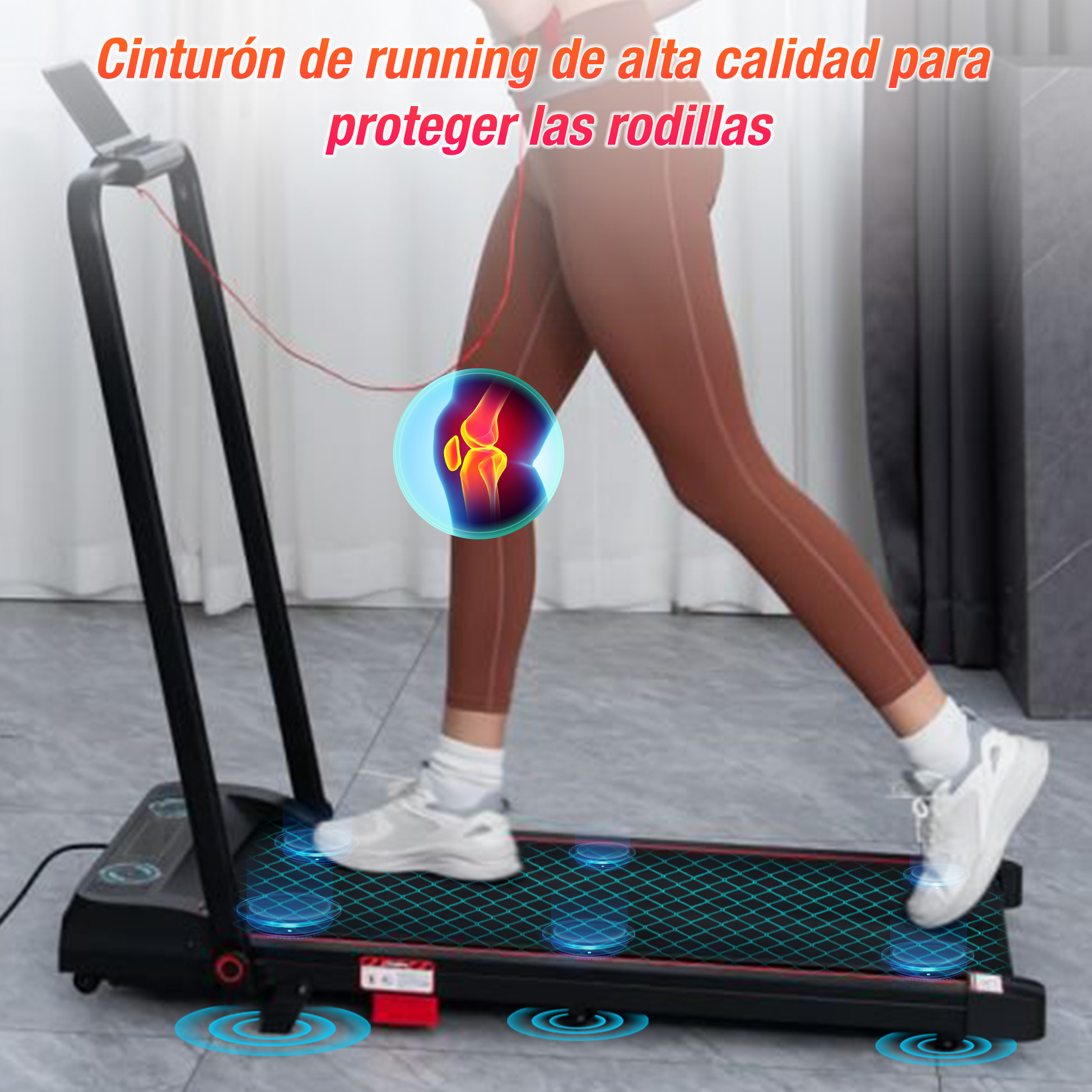 Una mujer corre en una cinta de correr. Una superposición resalta el área de la rodilla con un diagrama de la articulación.