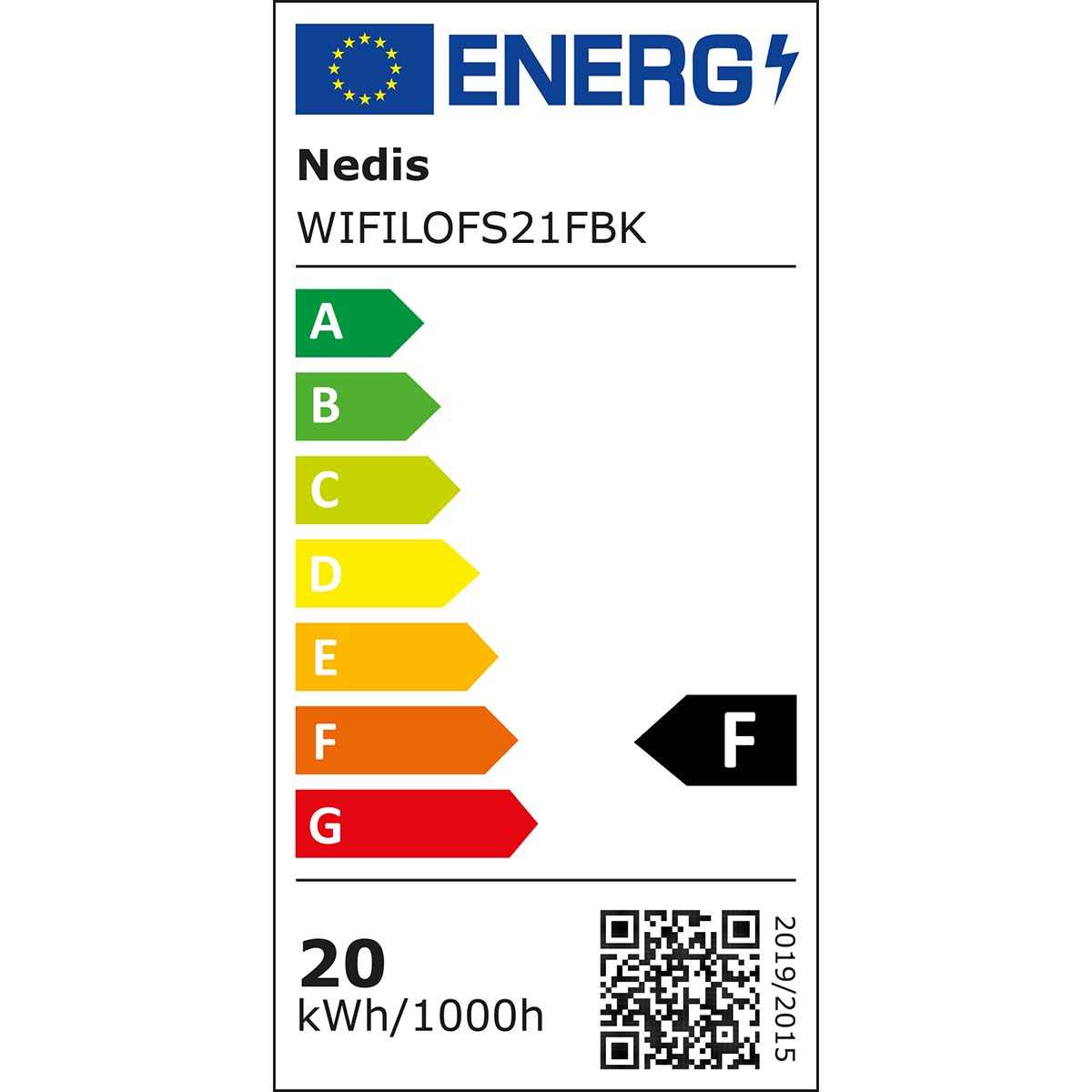 Een energielabel voor een Nedis-product. Het toont energie-efficiëntieklassen van A tot G, met F gemarkeerd. Inclusief QR-code.