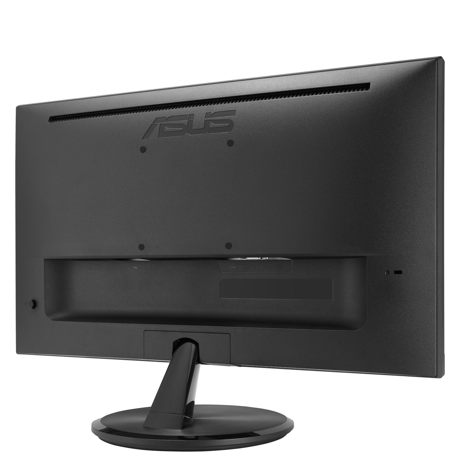 Black ASUS monitor back view. Ports and stand connector visible. Black background.