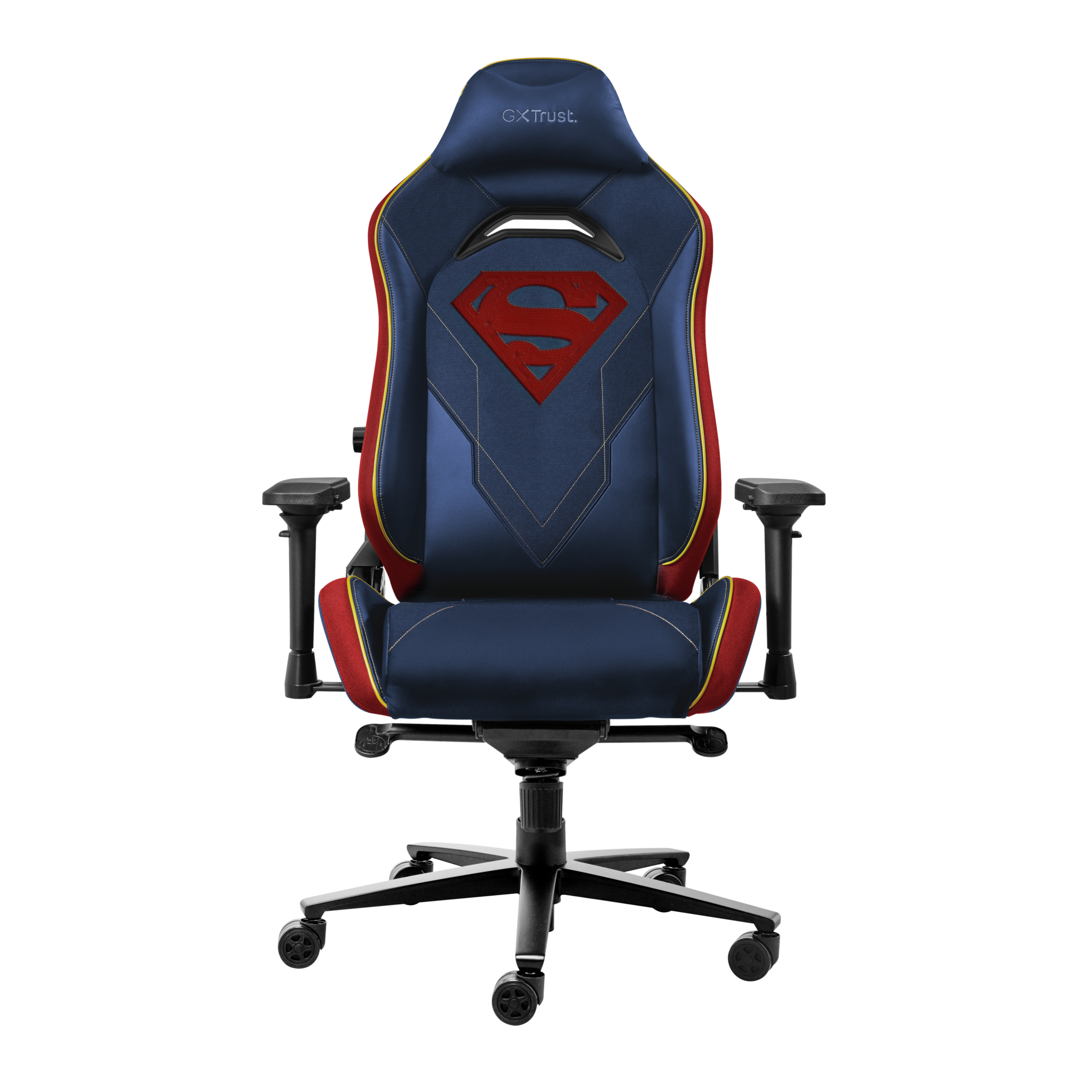 Achteraanzicht van een Superman gamingstoel. Blauwe stoel met rode en gele accenten op een zwarte achtergrond.