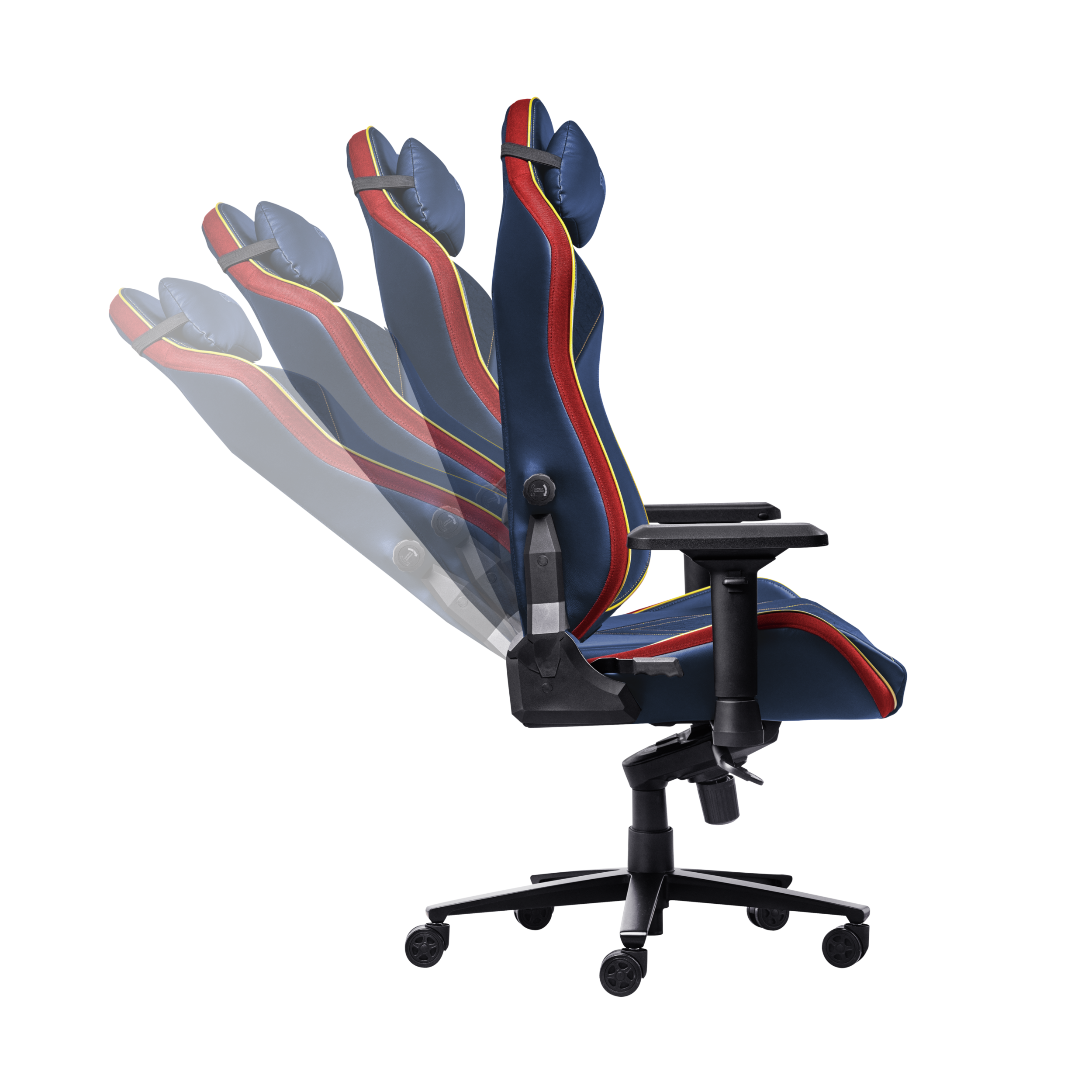 Een gamingstoel, met een blauw en rood ontwerp, die de verschillende beschikbare ligposities toont.
