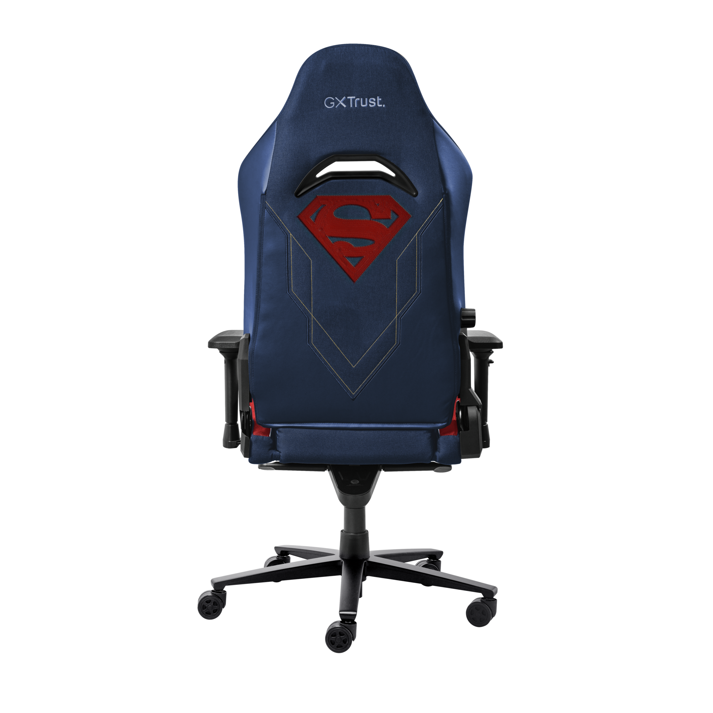Achterkant van de Superman gamingstoel. Blauwe stoel met het logo op een zwarte achtergrond.