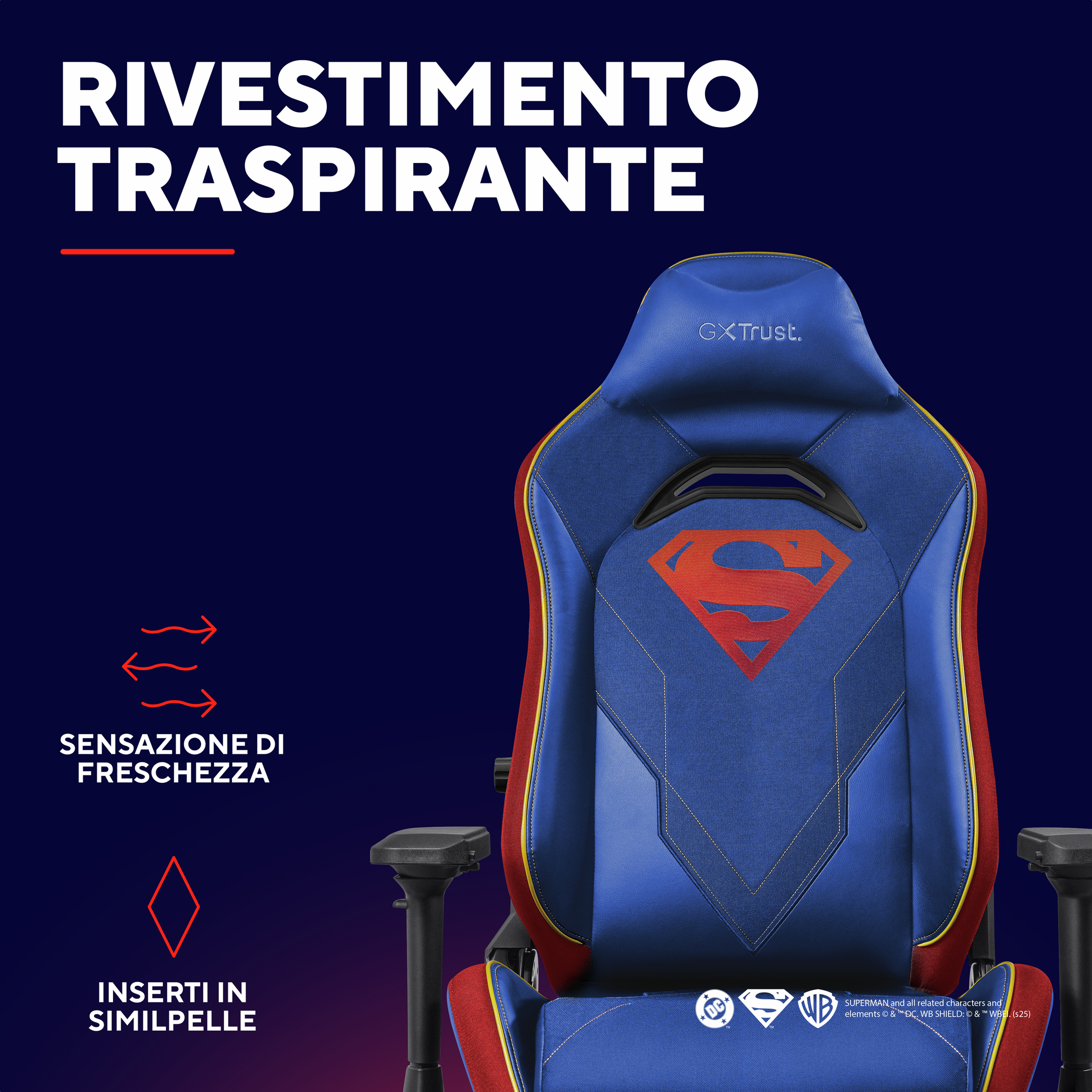 Close-up van de rugleuning van de stoel. Blauwe stoel met Superman-logo, rode en gele accenten en ademend materiaal.