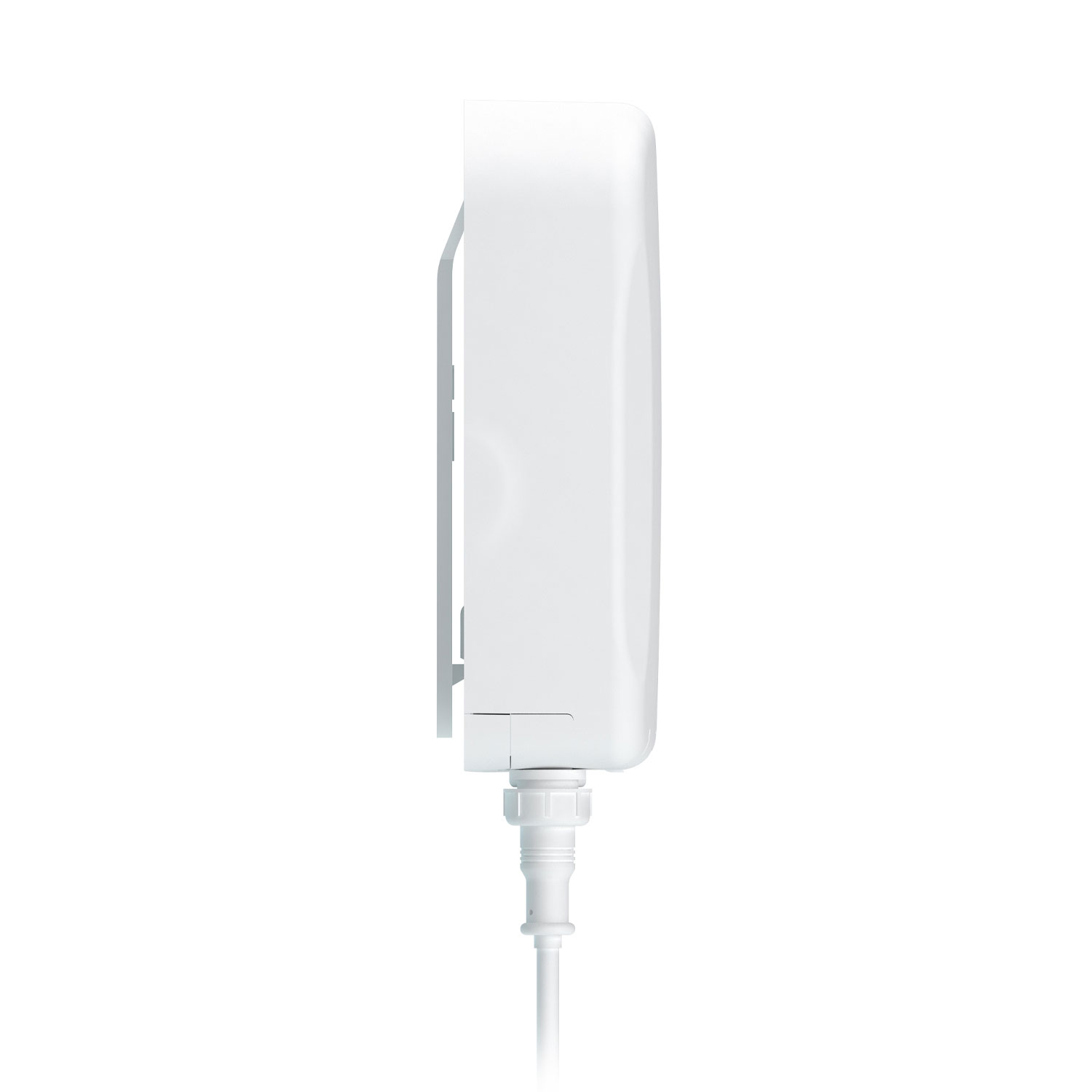 Seitenansicht eines weißen rechteckigen Geräts mit Kabel, auf weißem Hintergrund.