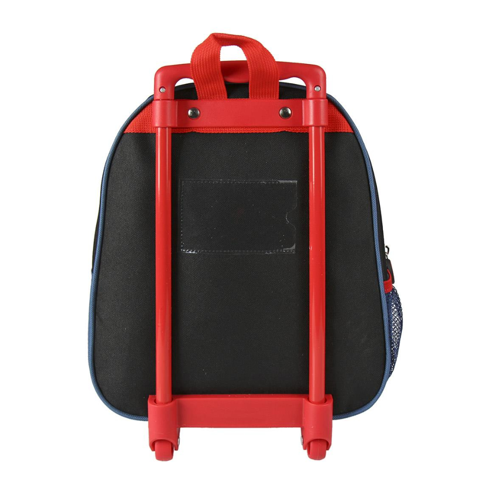 Mochila negra con asa y ruedas rojas. El fondo es blanco.