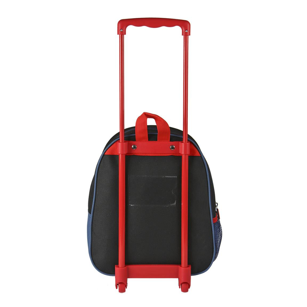 Parte trasera de la mochila con ruedas negra. Asa y marco rojos. Detalles laterales e inferiores azules. Dos ruedas rojas.